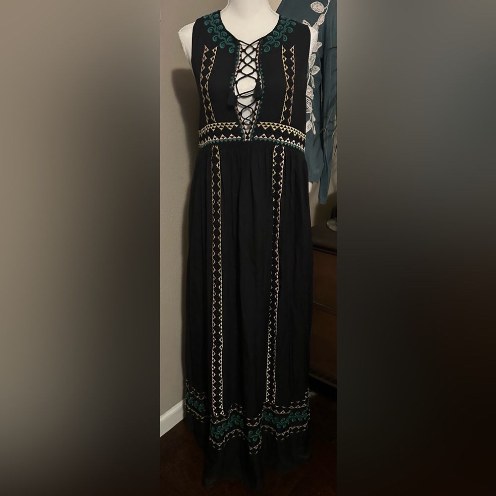 Vanessa Bruno Black Maxi Skirt with Geometric Embroidered Strips